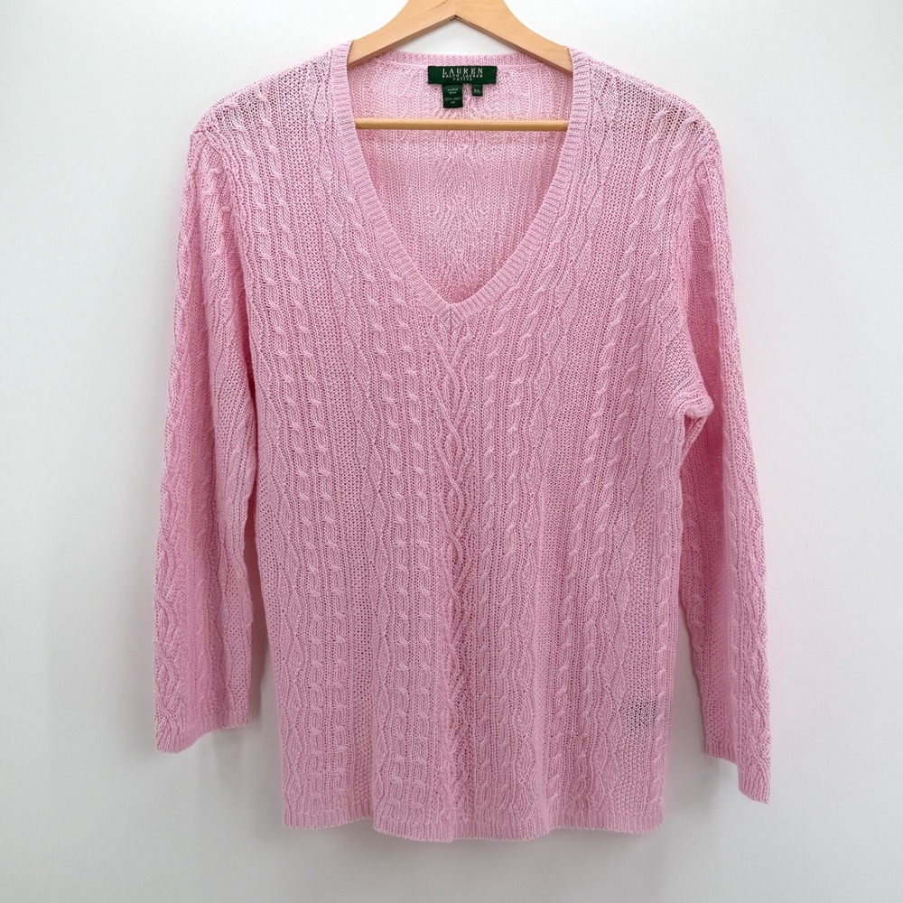 Ralph Lauren 100% Linen Sweater Womens PL Pink Open Cable Knit V-Neck Petite